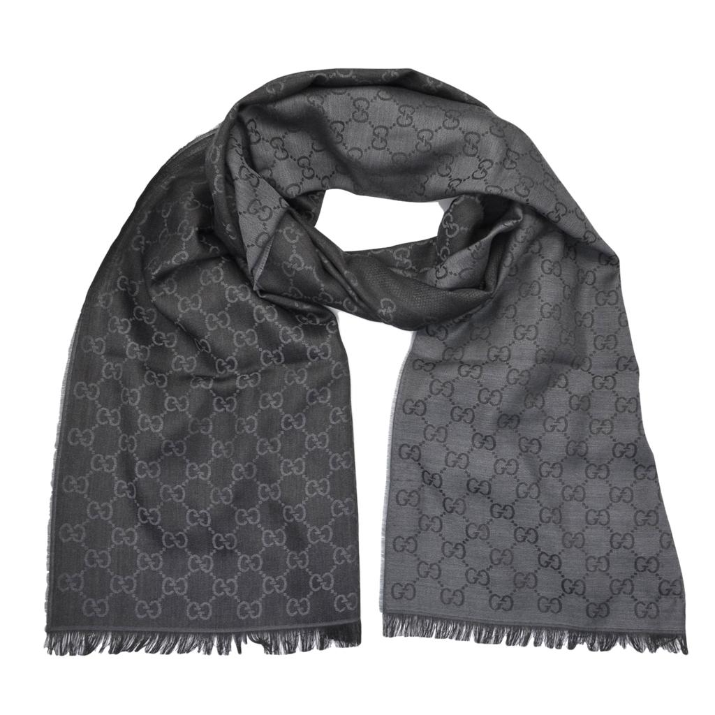 古驰Gucci围巾|Black/Dark Grey GG Monogram Webbing Reversible Wool