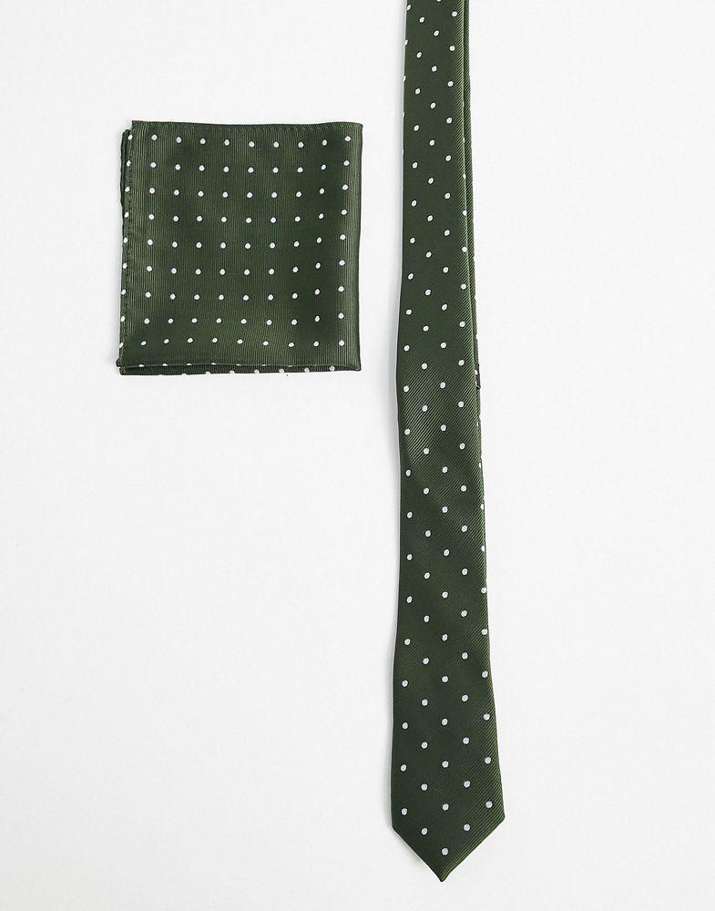ASOS DESIGN slim tie and pocket square in green and white dot商品第2张图片规格展示