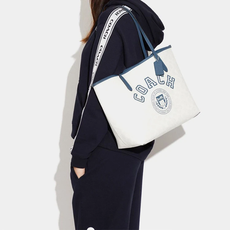 商品[国内直发] Coach|蔻驰 City 33 经典老花印花内置拉链 人造革 托特包Tote包购物袋单肩手提包 大号 女款 粉笔白色拼靛蓝色,价格¥1905,第7张图片详细描述