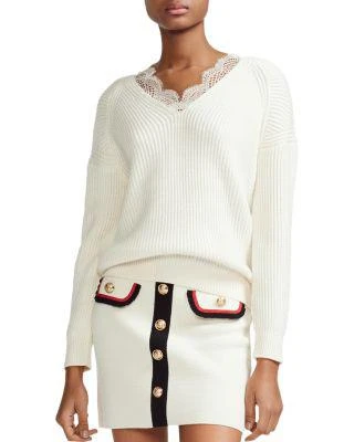 商品Maje|Matilde Lace-Trimmed V-Neck Sweater,价格¥1391,第1张图片