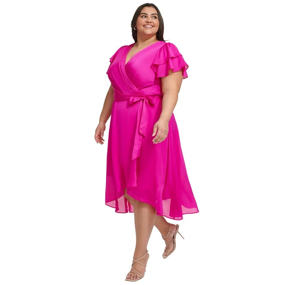 商品DKNY|Plus Size Satin Ruffle-Sleeve High-Low Wrap Dress,价格¥416,第3张图片详细描述