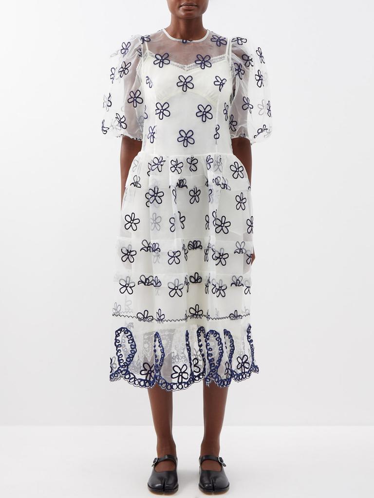 Puff-sleeved floral-embroidered organza dress商品第1张图片规格展示