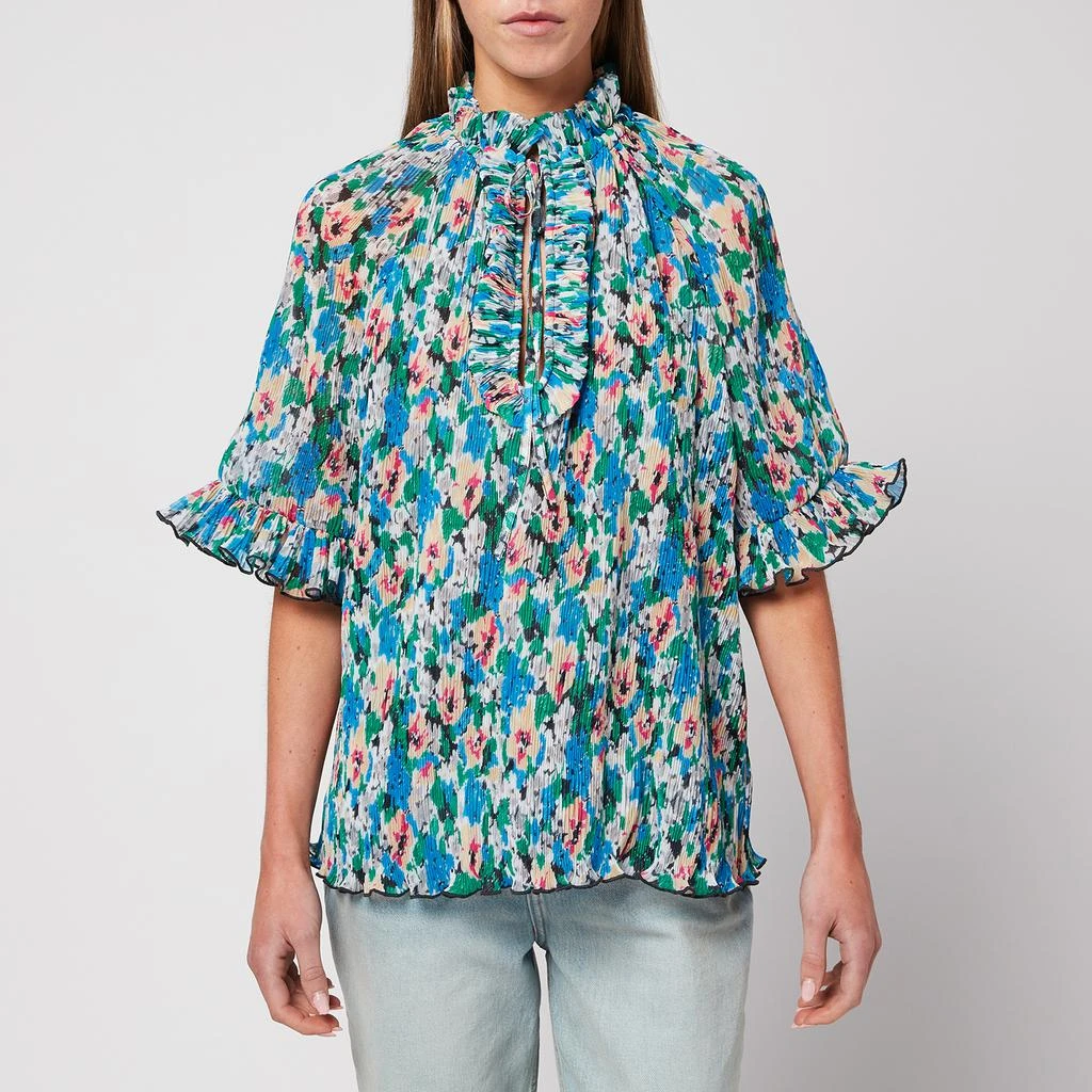 商品Ganni|Ganni Women's Pleated Georgette Top - Floral Azure Blue,价格¥431,第1张图片