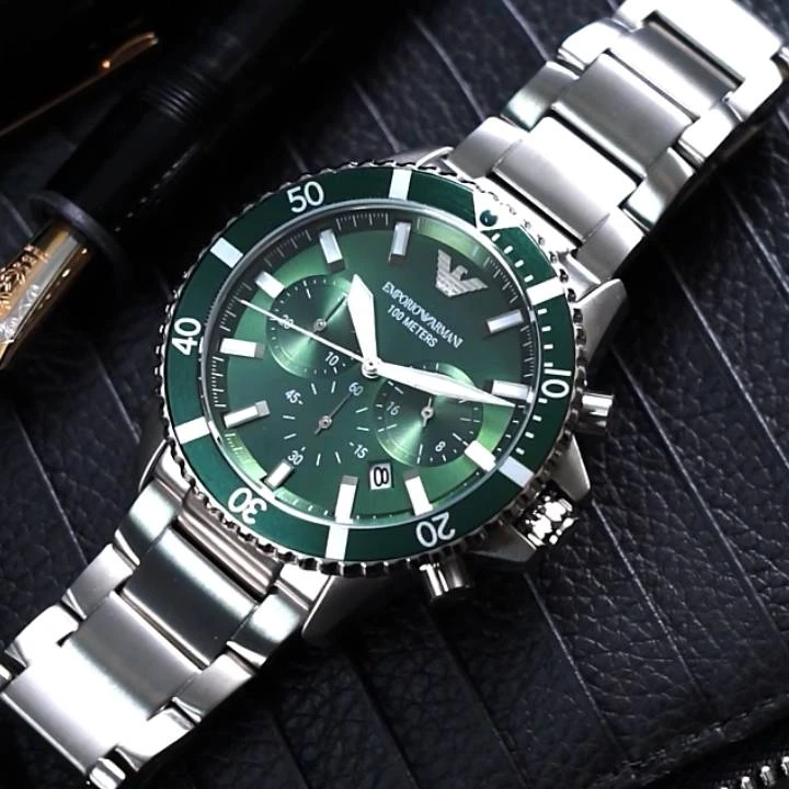 商品[国内直发] Emporio Armani|阿玛尼 腕表 石英机芯 不锈钢表带 43mm 绿色表盘 男表 阿玛尼绿水鬼多功能三眼计时,价格¥2393,第10张图片详细描述