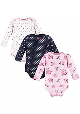 商品Hudson|Baby Hudson Baby Infant Girl Quilted Long Sleeve Cotton Bodysuits 3Pk Pink Navy Floral,价格¥126,第1张图片