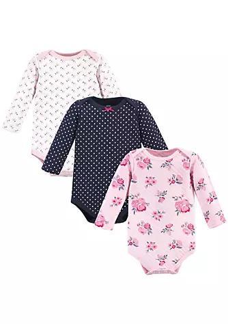 商品Hudson|Hudson Baby Infant Girl Quilted Long-Sleeve Cotton Bodysuits 3pk, Pink Navy Floral,价格¥127,第1张图片