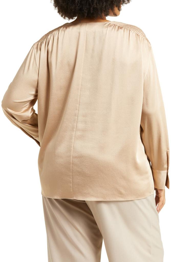 Smocked Shoulder Long Sleeve Satin Blouse商品第2张图片规格展示