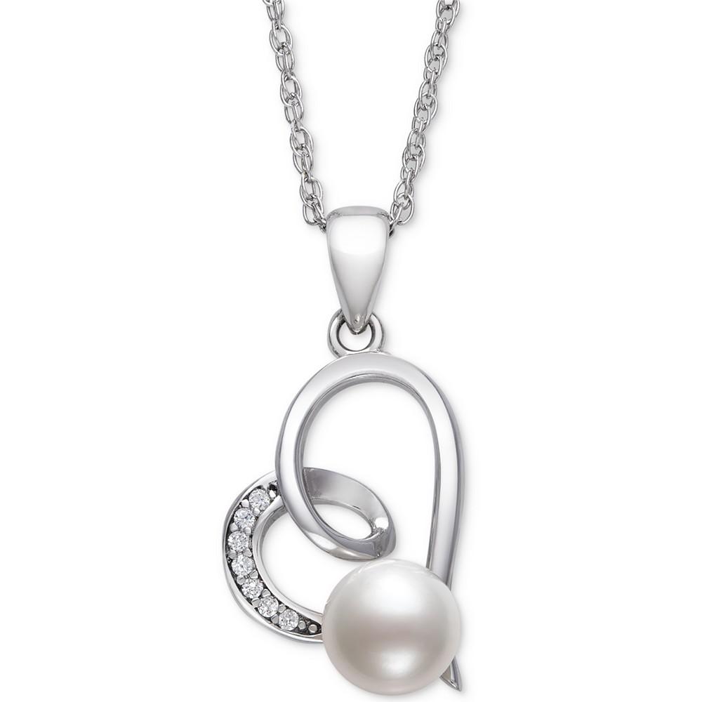 Cultured Freshwater Button Pearl (6mm) & Cubic Zirconia Heart 18" Pendant Necklace in Sterling Silver商品第1张图片规格展示