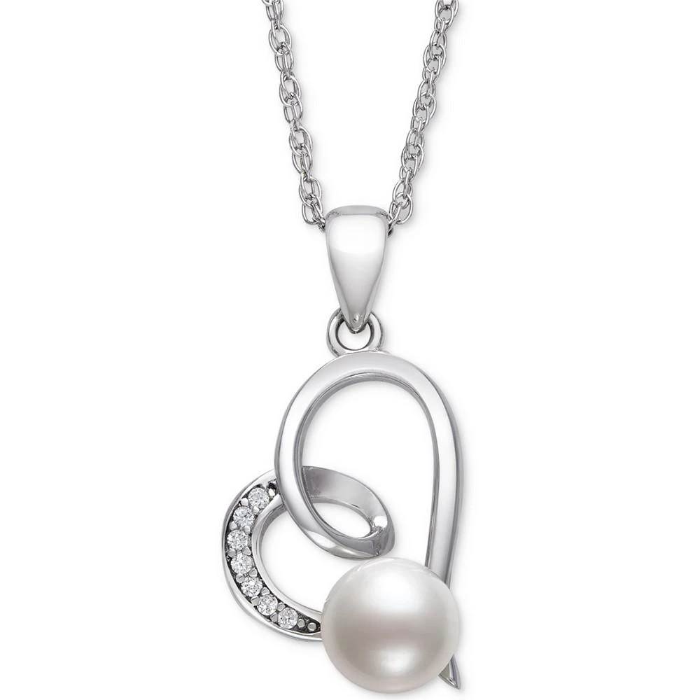 商品Belle de Mer|Cultured Freshwater Button Pearl (6mm) & Cubic Zirconia Heart 18" Pendant Necklace in Sterling Silver,价格¥394,第1张图片