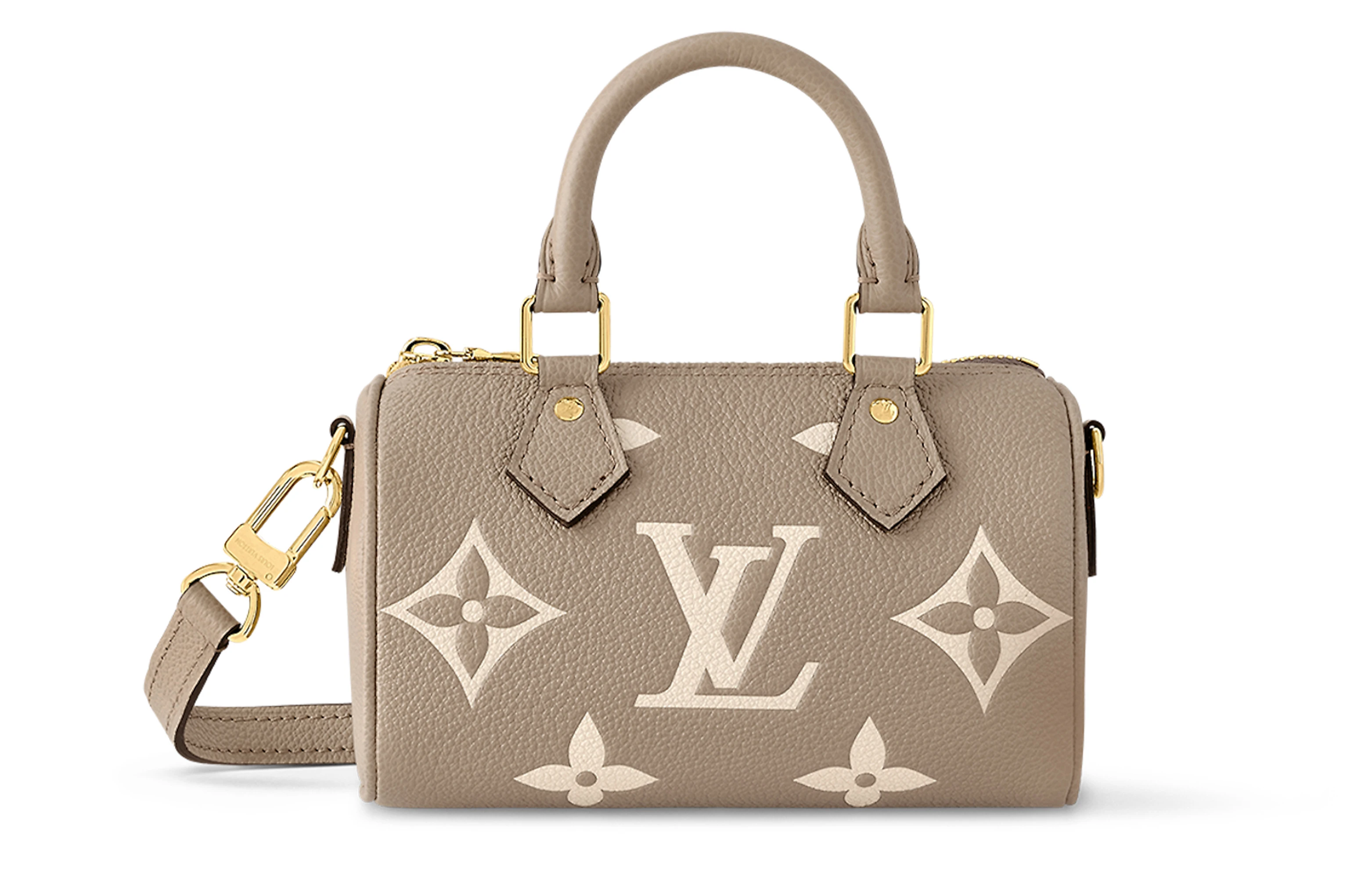 商品[国内直发] Louis Vuitton|Speedy Nano 可拆卸可调节肩带拉链开合压花 柔软粒面牛皮 手提单肩斜挎包 超迷你 女款 托特雷尔灰拼奶油色,价格¥17983,第1张图片
