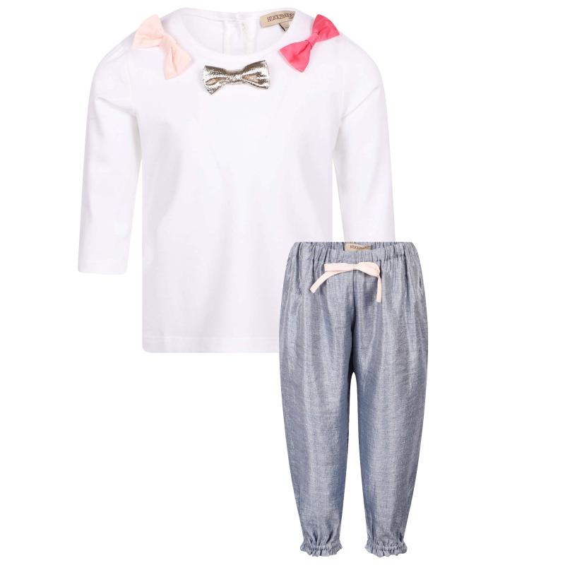 Appliqued bows long sleeved t shirt and relaxed trousers set in white and blue商品第1张图片规格展示
