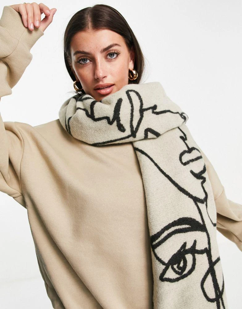商品ASOS|ASOS DESIGN abstract face jacquard woven scarf in stone and black,价格¥186,第1张图片