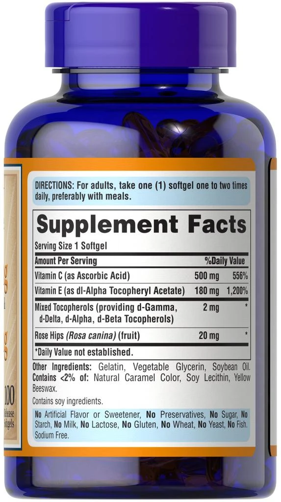 商品Puritan's Pride|Vitamins & Supplements: Vitamin C & E 500 mg/400 IU with Rose Hips,价格¥323-¥646,第5张图片详细描述