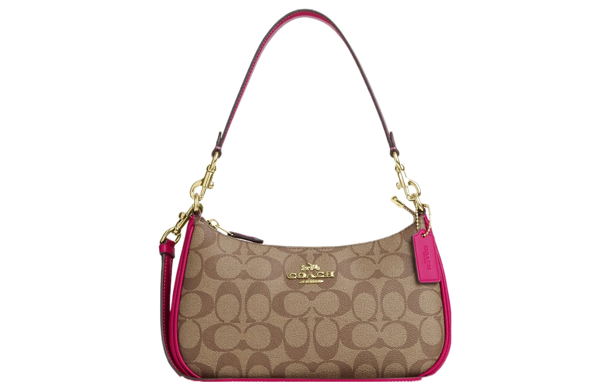 商品[国内直发] Coach|蔻驰 Teri 24 金色徽标经典老花五金扣拉链开合 帆布配皮 帆布包腋下包手提包单肩包 中号 女款 紫色拼卡其色,价格¥1263,第1张图片