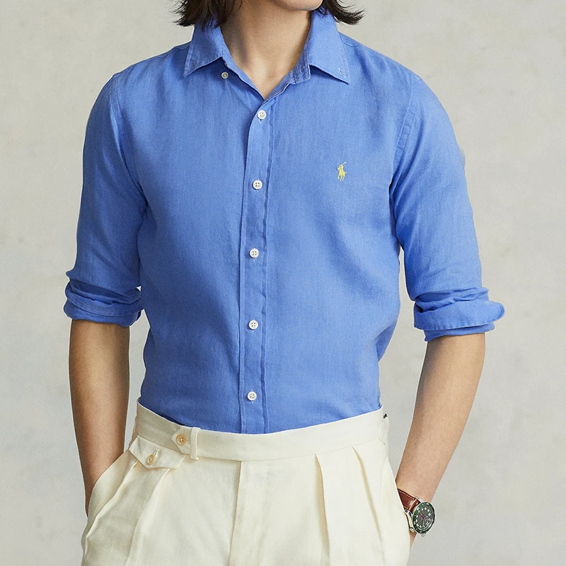 拉夫劳伦 男士蓝色亚麻饰有刺绣LOGO图案尖领长袖衬衫 商品