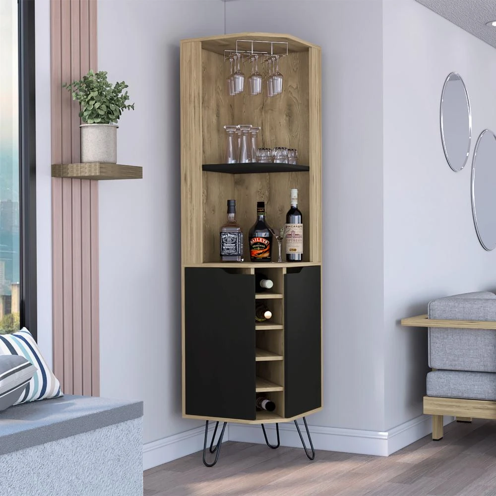 商品Depot E-Shop|Bursan Corner Cabinet Six Built-in Wine Rack, Two Shelves, Four Shelves, Macadamia / Black,价格¥2320,第2张图片详细描述
