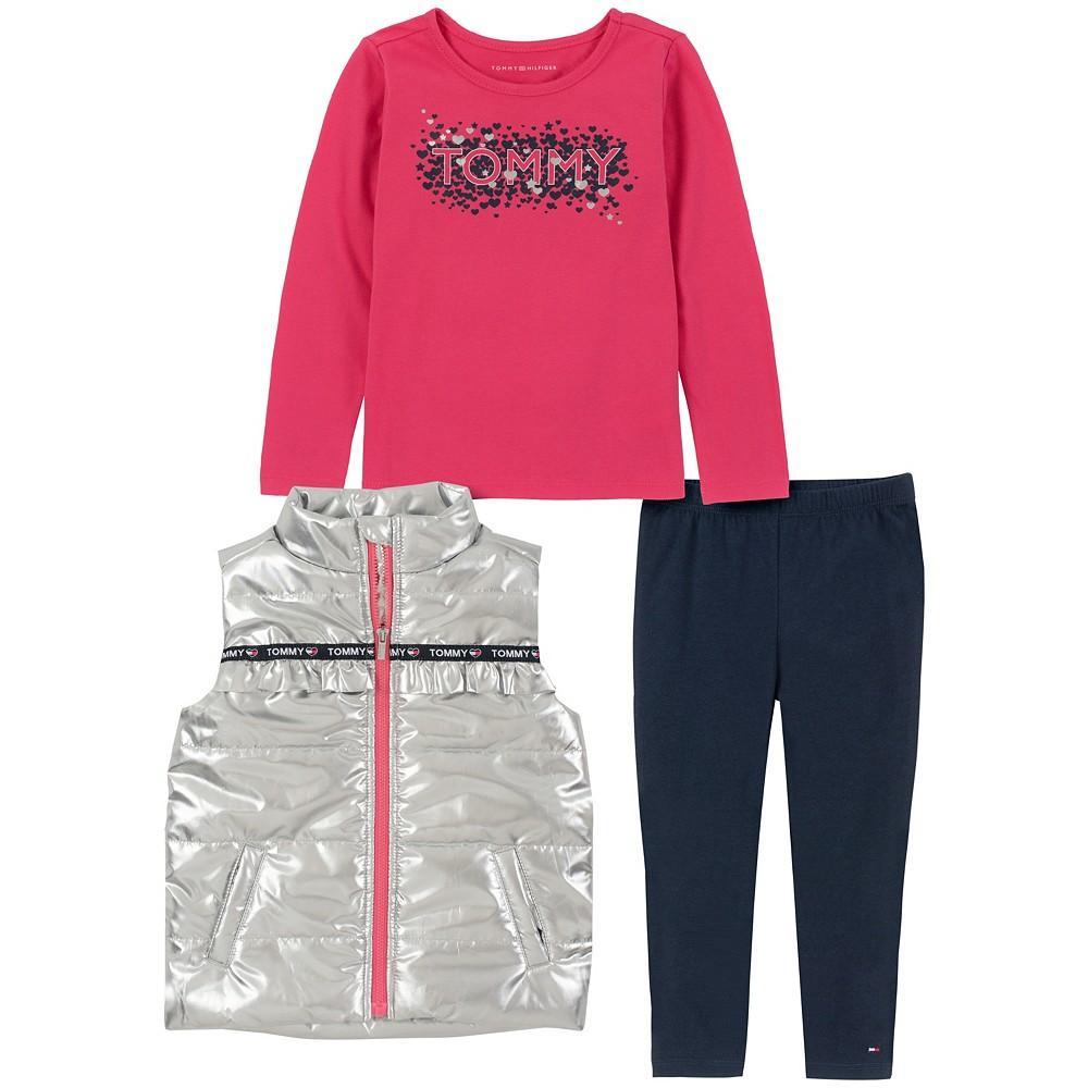 商品Tommy Hilfiger|Toddler Girls Metallic Logo Puffer Vest, Logo T-shirt and Leggings, 3 Piece Set,价格¥220,第1张图片