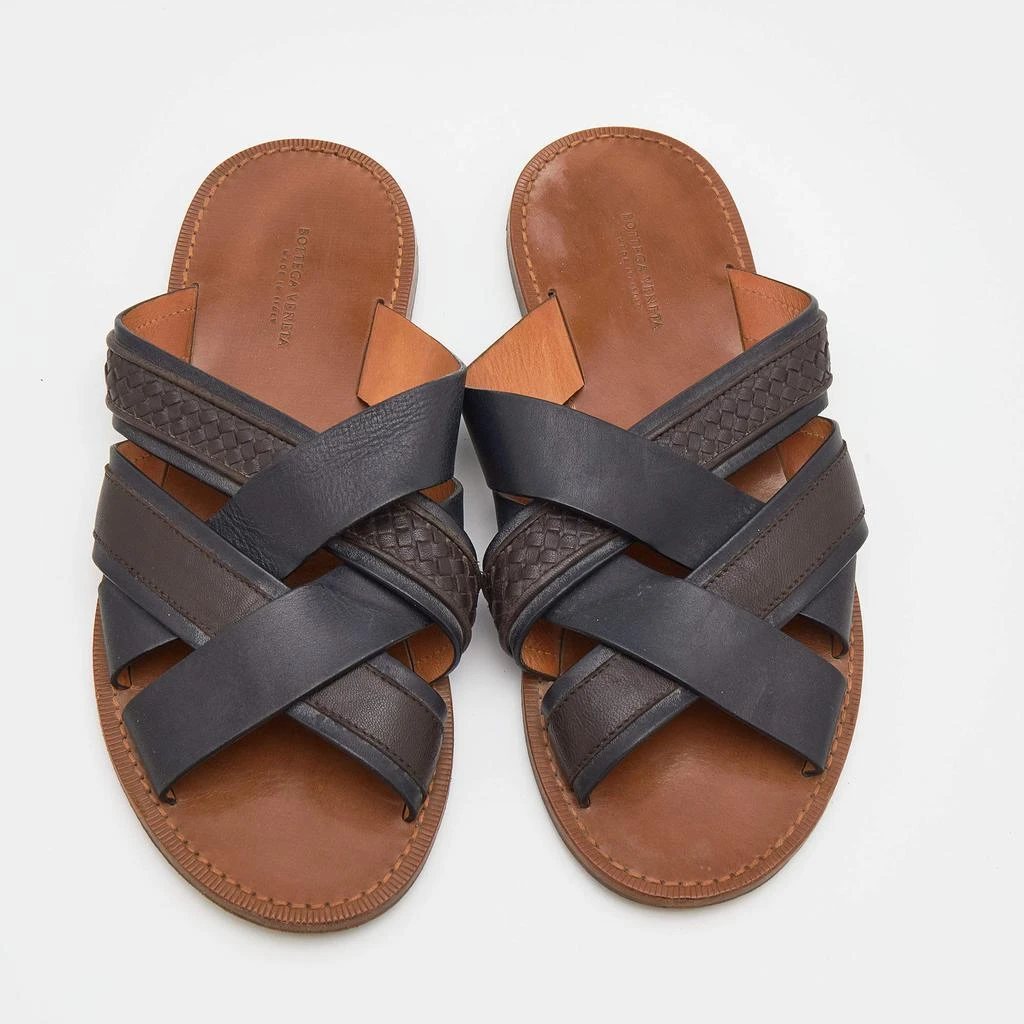 商品[二手商品] Bottega Veneta|Bottega Veneta Black/Dark Brown Leather Criss-Cross Flat Slide Sandals Size 43,价格¥1032,第3张图片详细描述