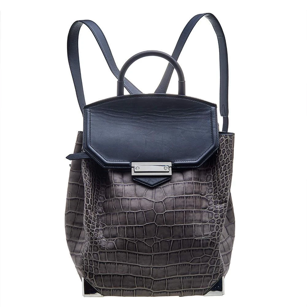 商品[二手商品] Alexander Wang|Alexander Wang Grey Croc Embossed Leather Prisma Drawstring Backpack,价格¥1970,第1张图片