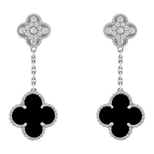  Van Cleef & Arpels/梵克雅宝 经典款MagicAlhambra系列 18K金白金镶嵌黑色玛瑙和全钻四叶草优雅耳坠VCARP2RA00商品第1张图片规格展示