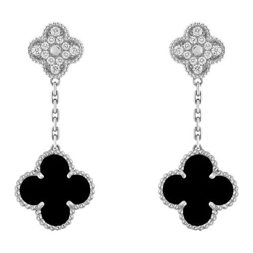 商品Van Cleef & Arpels| Van Cleef & Arpels/梵克雅宝 经典款MagicAlhambra系列 18K金白金镶嵌黑色玛瑙和全钻四叶草优雅耳坠VCARP2RA00,价格¥135795,第1张图片
