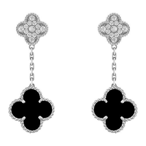 商品Van Cleef & Arpels| Van Cleef & Arpels/梵克雅宝 经典款MagicAlhambra系列 18K金白金镶嵌黑色玛瑙和全钻四叶草优雅耳坠VCARP2RA00,价格¥133612,第1张图片
