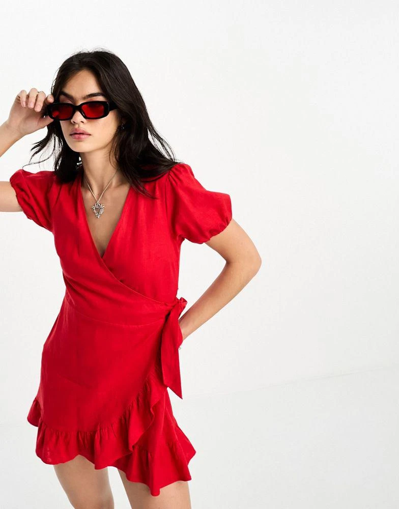 商品Bershka|Bershka wrap front linen look mini dress in red,价格¥280,第4张图片详细描述