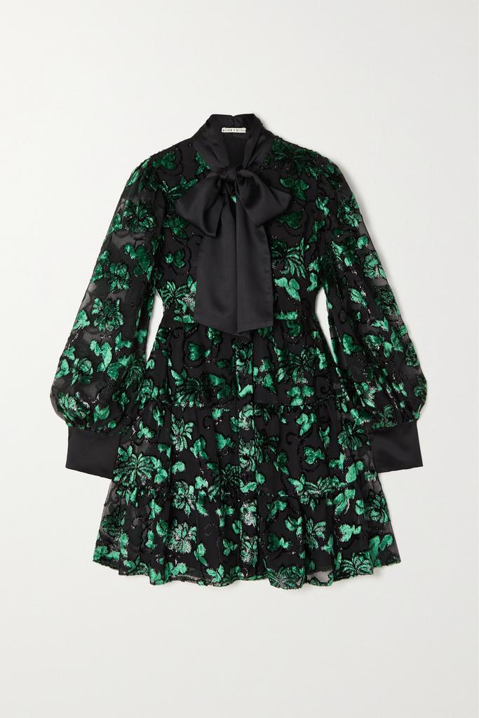 商品Alice + Olivia|Rowen 蝴蝶结缎布金属感植绒迷你连衣裙,价格¥3743,第1张图片