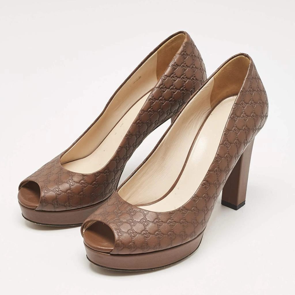 商品[二手商品] Gucci|Gucci Brown Monogram Leather Peep Toe Pumps Size 37.5,价格¥2821,第2张图片详细描述