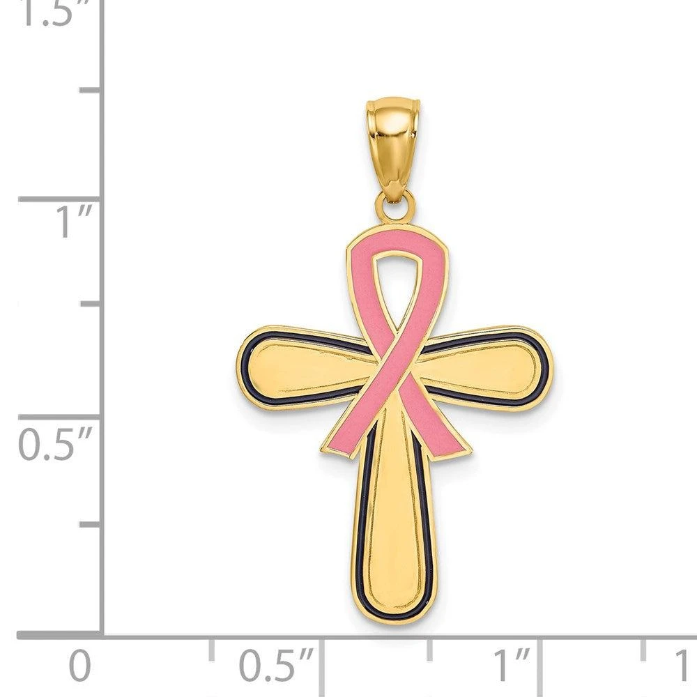 商品Diamond2Deal|14k Yellow Gold Enamel Pink Ribbon Breast Cancer Cross,价格¥2580,第3张图片详细描述