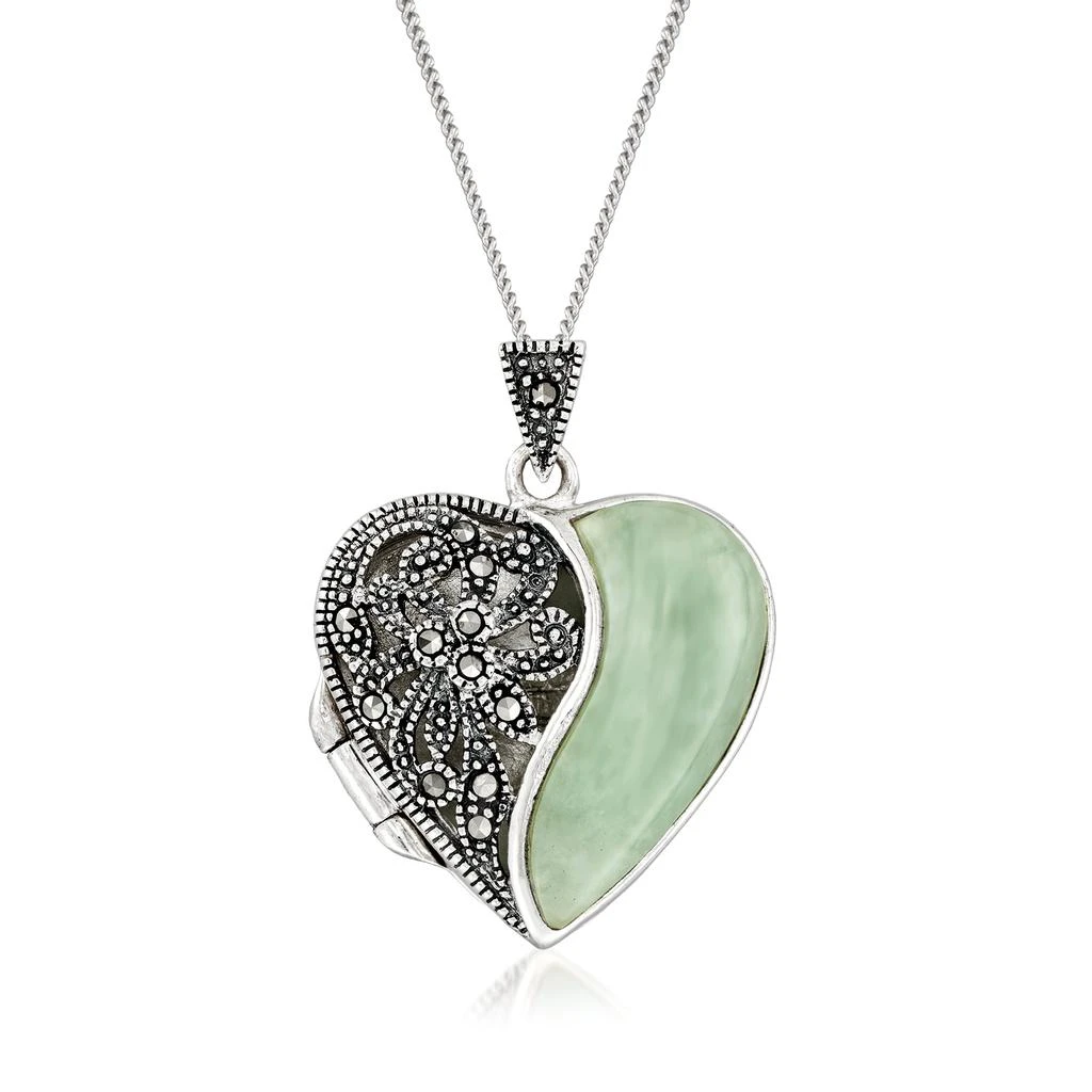 商品Ross-Simons|Jade and Marcasite Heart Locket Necklace in Sterling Silver,价格¥823,第1张图片