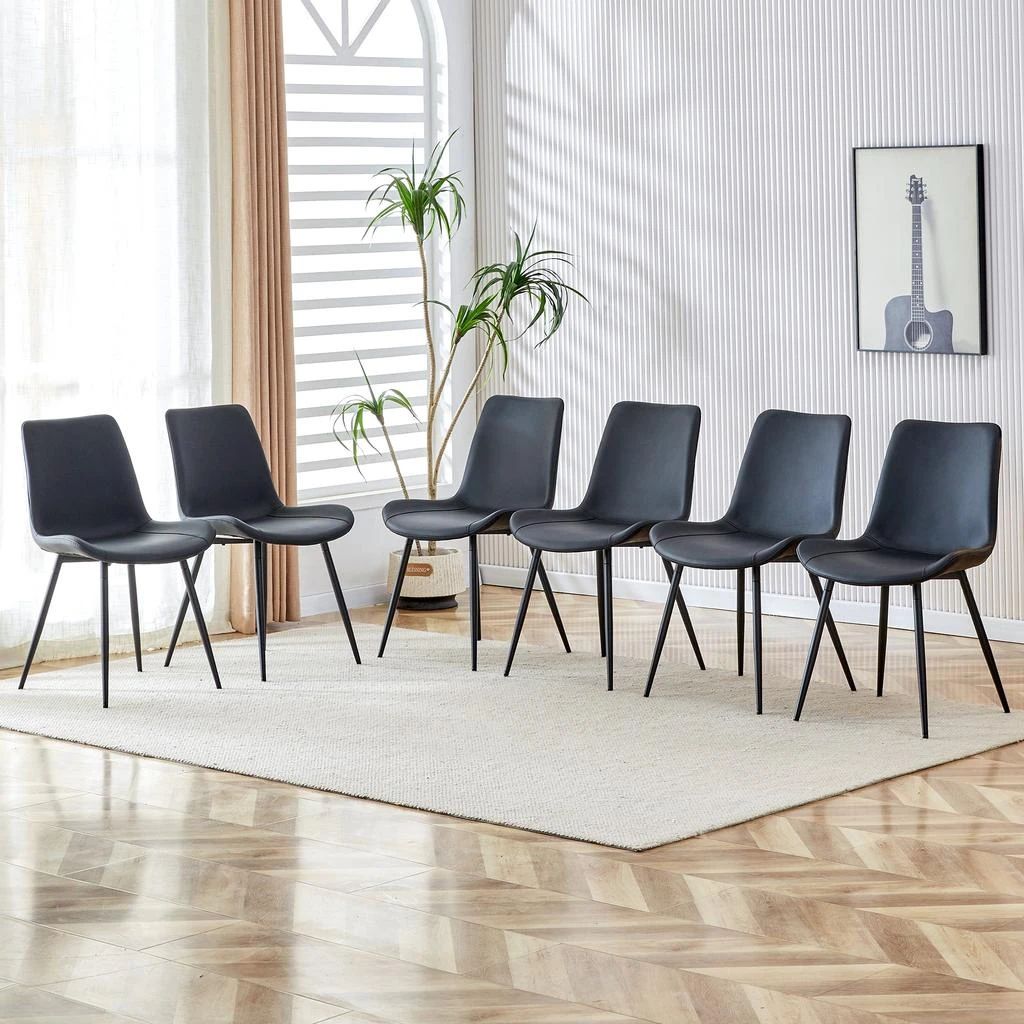 商品Streamdale Furniture|Streamdale Black Leatherback Dining Chairs with Curved Cushions (Set of 6),价格¥3400,第1张图片