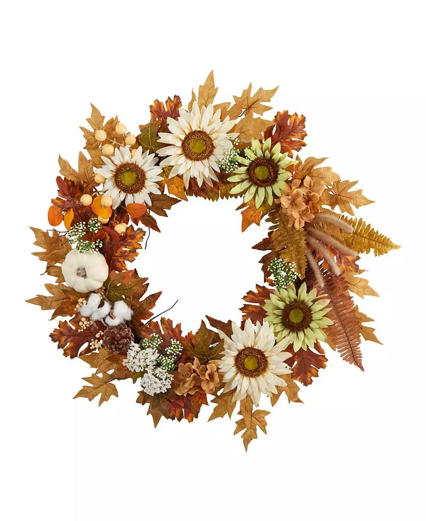 商品NEARLY NATURAL|30" Autumn Sunflower, White Pumpkin and Berries Artificial Fall Wreath,价格¥991,第1张图片