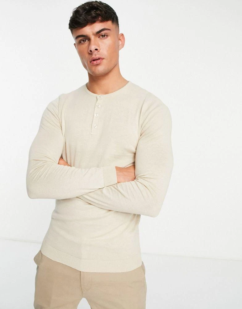 商品ASOS|ASOS DESIGN knitted cotton jumper with grandad neck in oatmeal,价格¥109,第1张图片