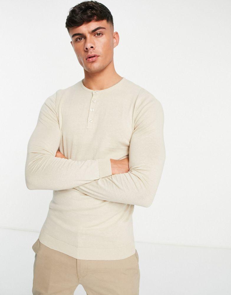 商品ASOS|ASOS DESIGN knitted cotton jumper with grandad neck in oatmeal,价格¥175,第1张图片