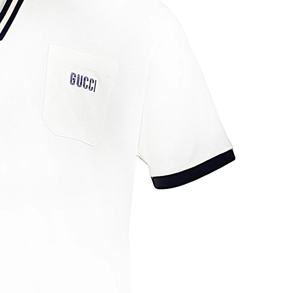 商品[国内直发] Gucci|/古驰 SS23 条纹饰边V领短袖Polo衫 男款 白色,价格¥3973,第6张图片详细描述
