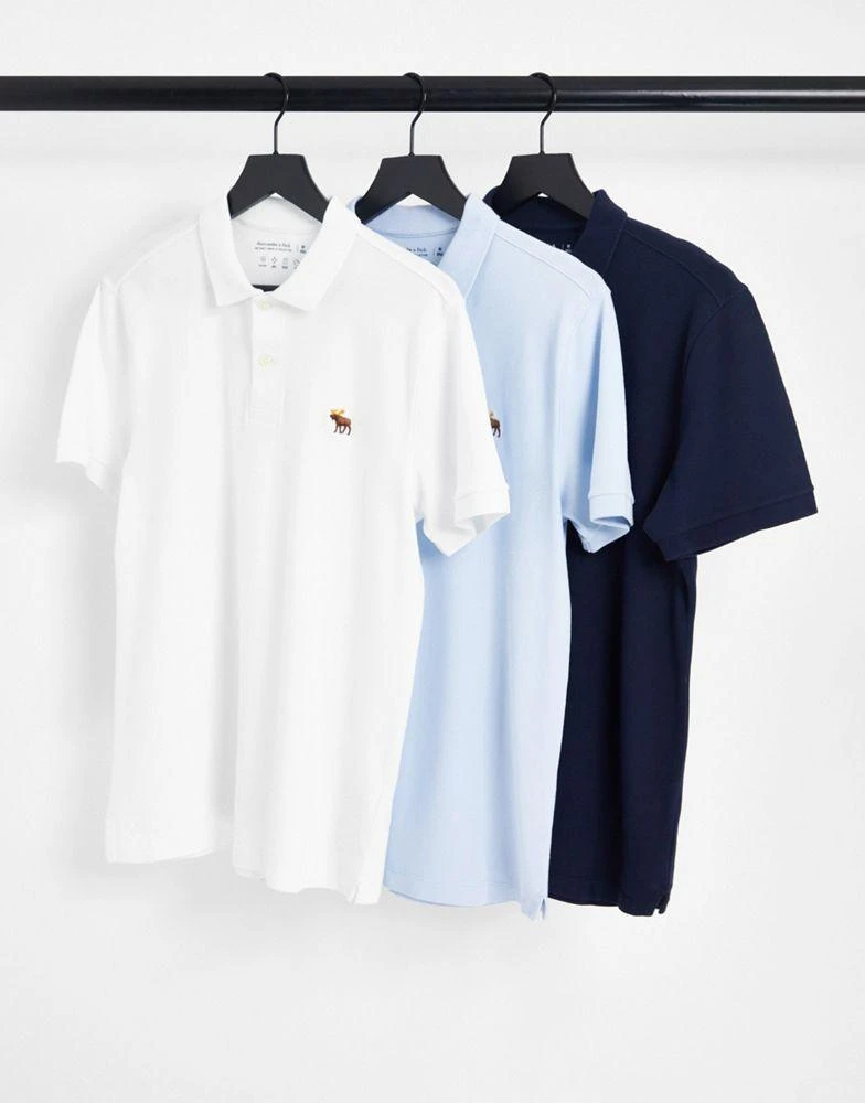 商品Abercrombie & Fitch|Abercrombie & Fitch 3 pack 3D icon logo slim fit pique polo in white/blue/navy,价格¥663,第1张图片