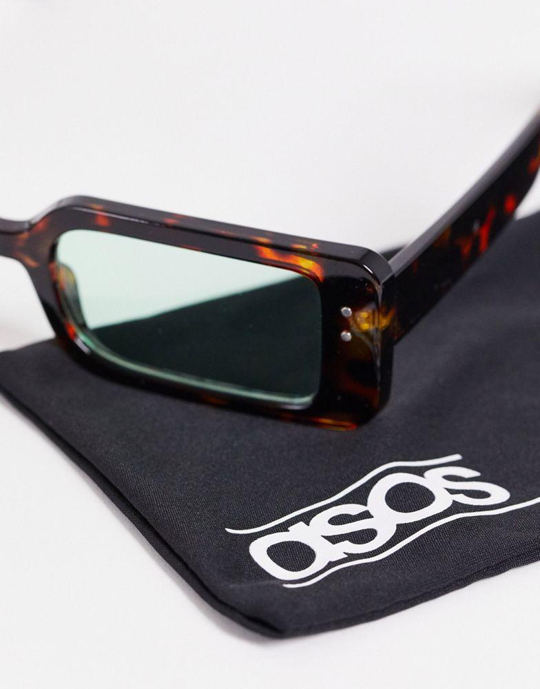 ASOS DESIGN mid rectangle sunglasses with green lens in brown tortoiseshell - BROWN商品第2张图片规格展示