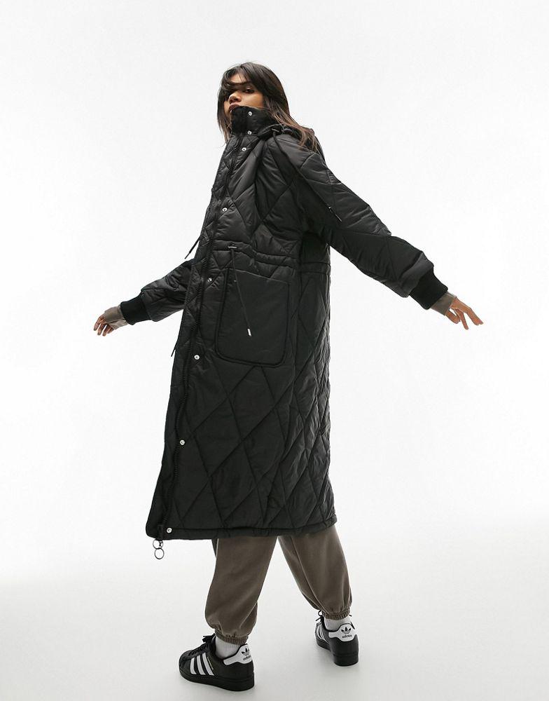 Topshop longline quilted hooded puffer jacket in black商品第1张图片规格展示