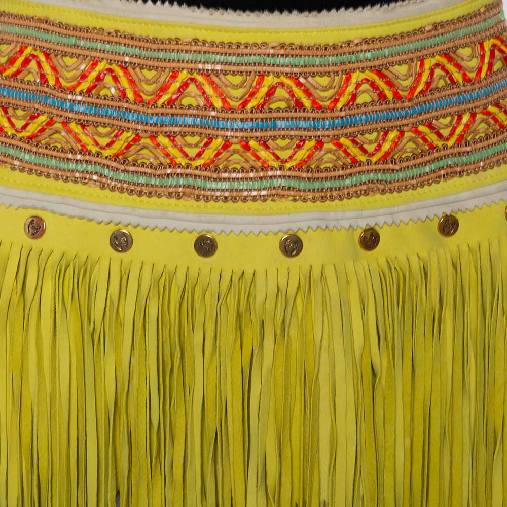 Just Cavalli Neon Yellow Leather Fringed Tribal Mini Skirt M商品第4张图片规格展示