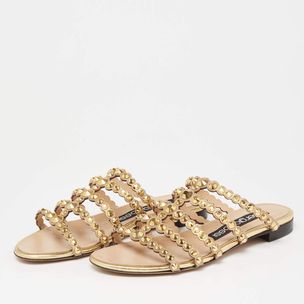 Sergio Rossi Gold Crystal Studded Leather Flat Slides Size 36商品第2张图片规格展示