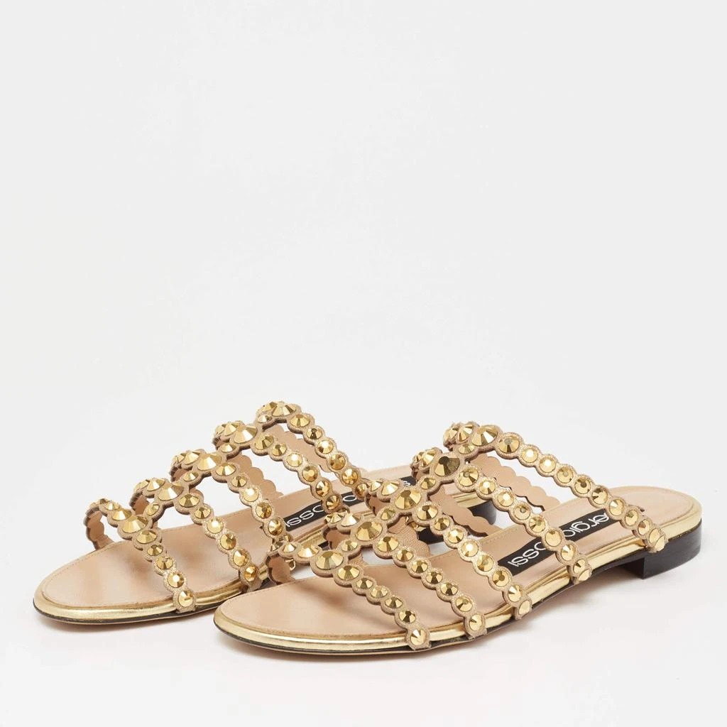 商品[二手商品] Sergio Rossi|Sergio Rossi Gold Crystal Studded Leather Flat Slides Size 36,价格¥1039,第2张图片详细描述