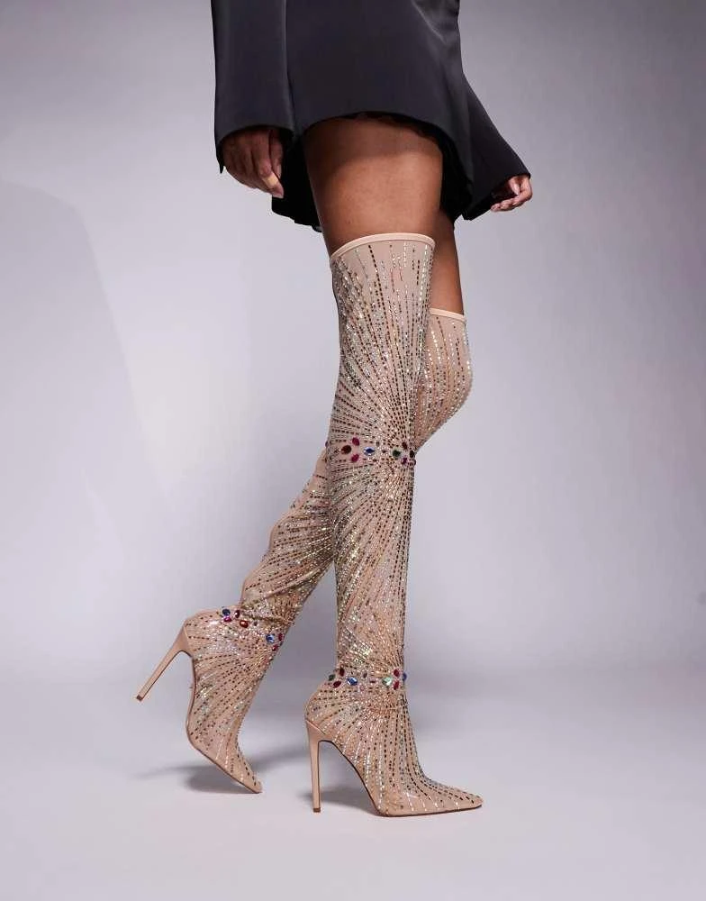 商品AZALEA WANG|Azalea Wang Chevelle mesh sock embellished over the knee boots in beige,价格¥1108,第1张图片
