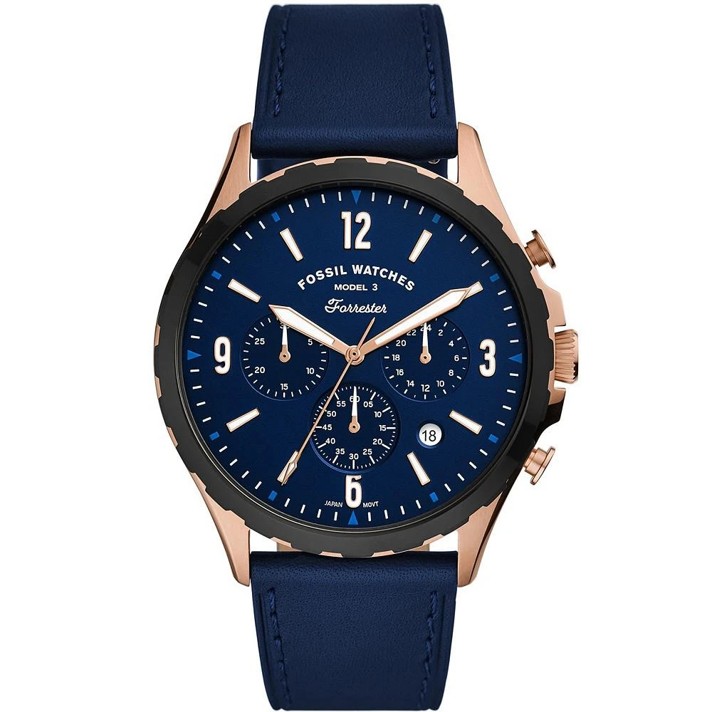 商品Fossil|Men's Forrester Navy Leather Strap Watch 46mm,价格¥841,第1张图片