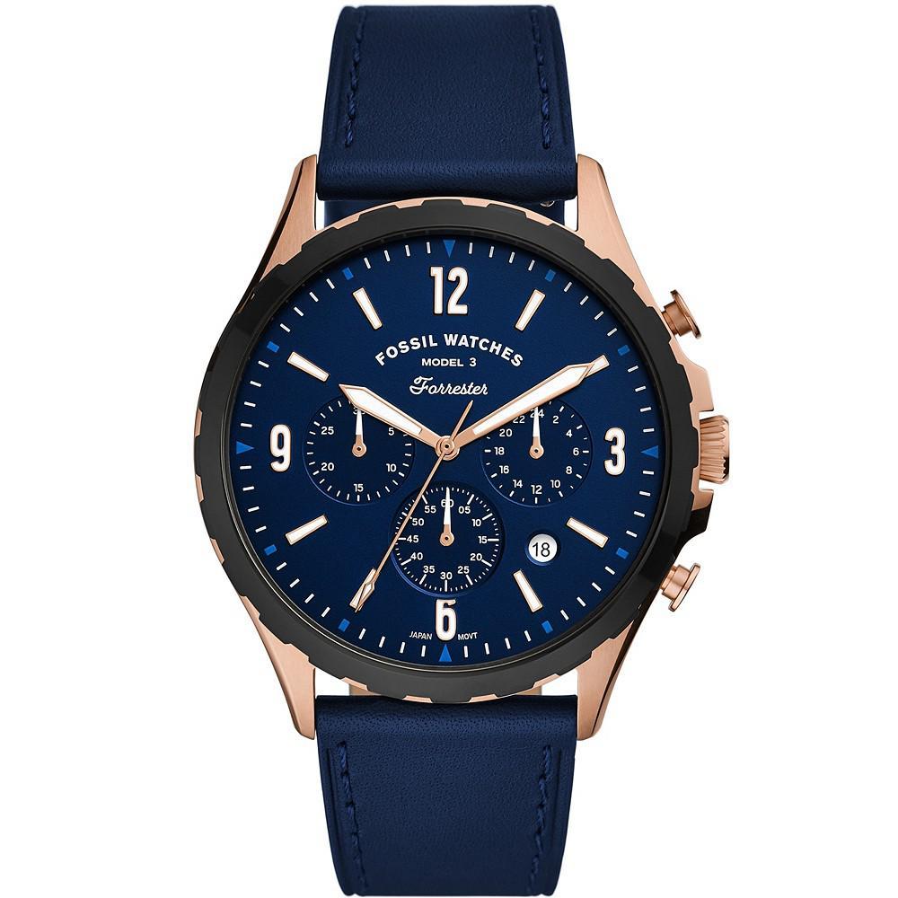 商品Fossil|Men's Forrester Navy Leather Strap Watch 46mm,价格¥830,第1张图片