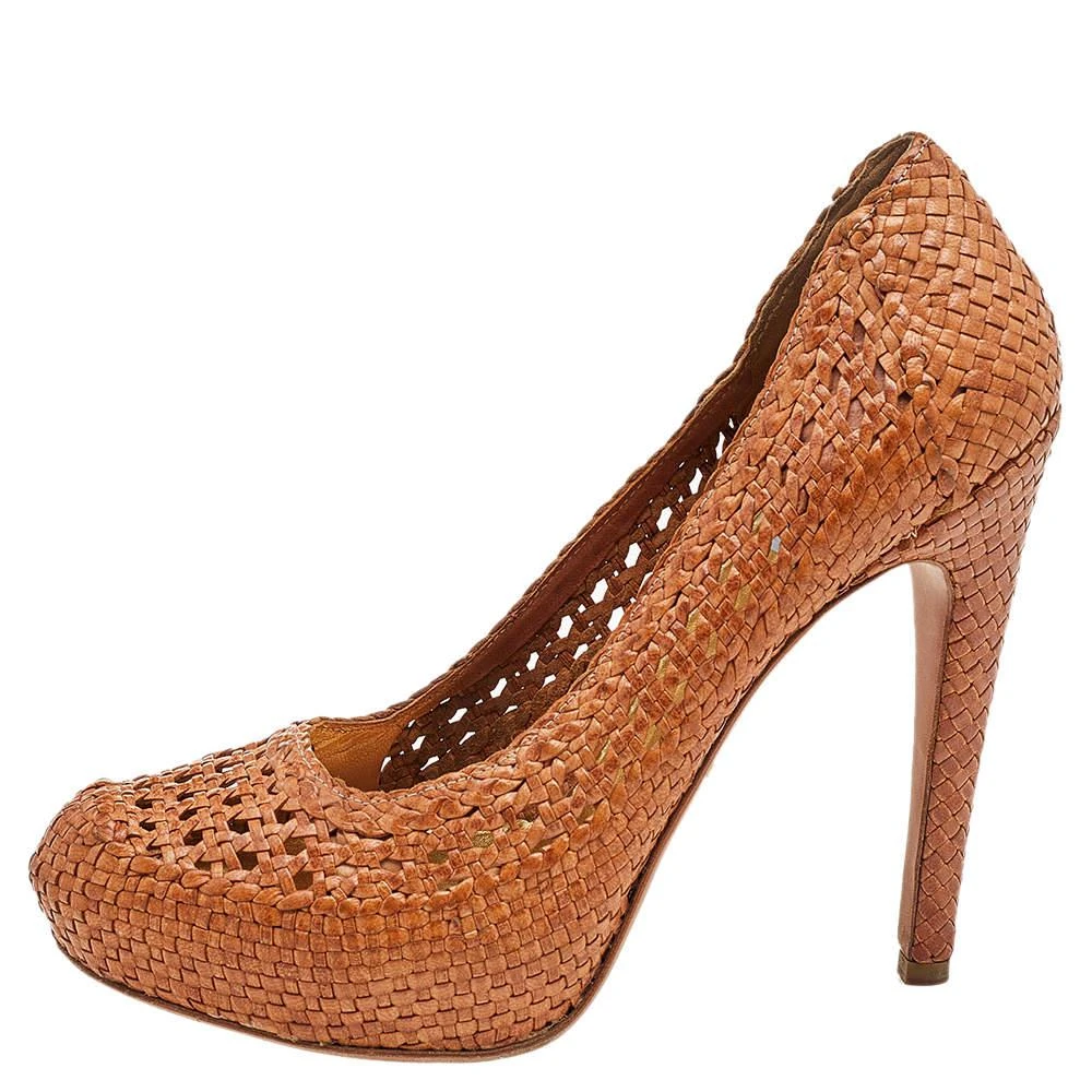商品[二手商品] Prada|Prada Brown Woven Leather Madras Platform Pumps Size 41.5,价格¥1167,第2张图片详细描述