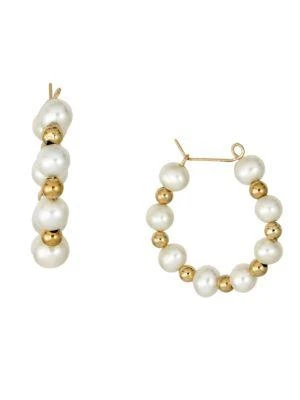 商品BELPEARL|14K Yellow Gold & 4.5-5MM Cultured Oval Freshwater Pearl Hoop Earrings,价格¥836,第1张图片