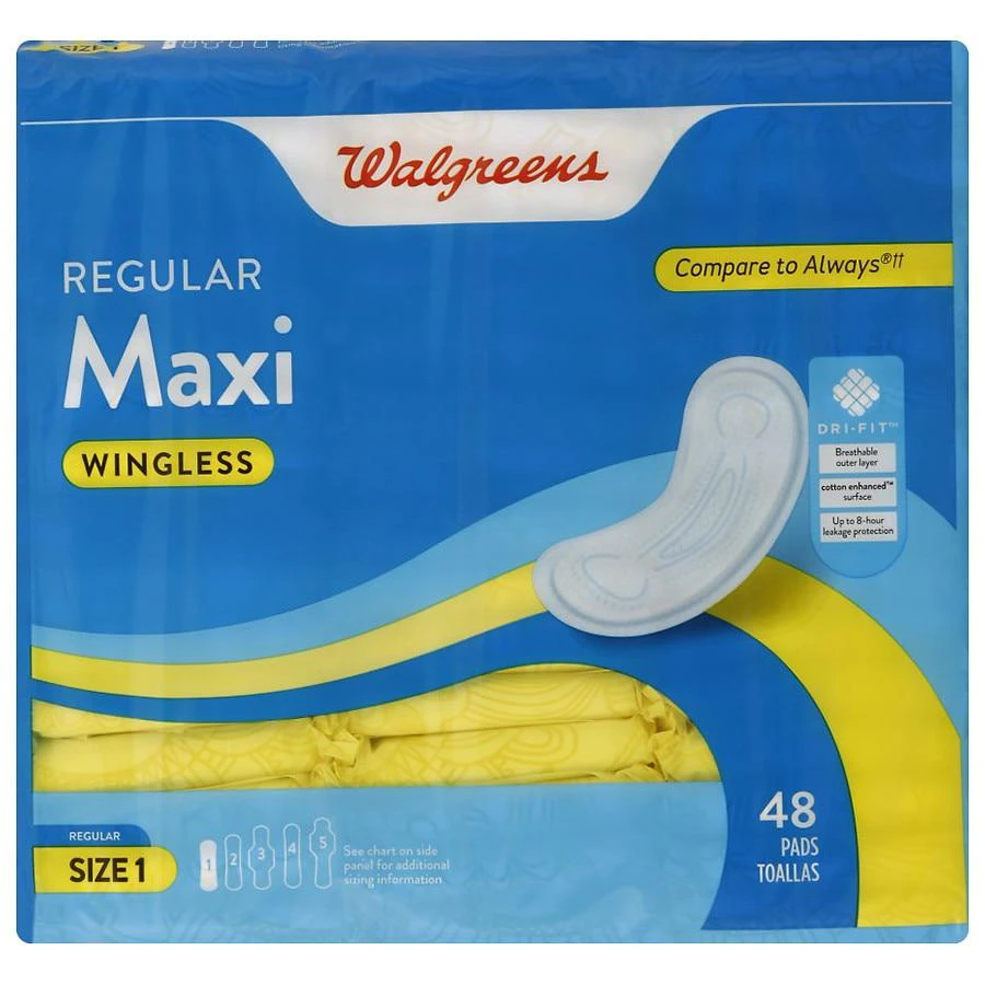 商品Walgreens|Maxi Pads, Regular, Wingless Size 1 (ct. 48),价格¥34,第1张图片