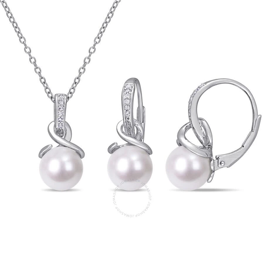 商品Amour|8 - 8.5 Mm Cultured Freshwater Pearl and 1/10 CT TW Diamond Twist Leverback Earrings and Pendant with Chain In Sterling Silver,价格¥1226,第1张图片