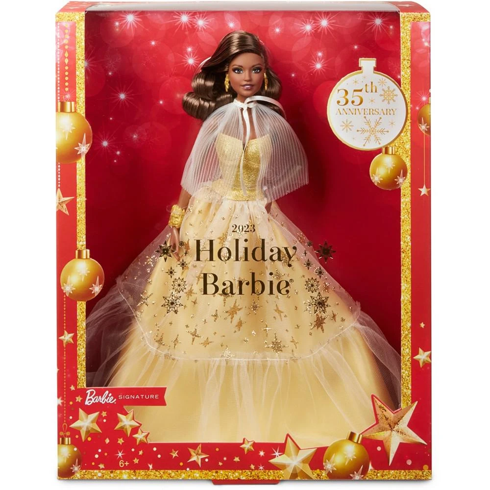 商品Barbie|Signature 2023 Holiday Collector Doll with Golden Gown and Dark Brown Hair,价格¥336,第2张图片详细描述